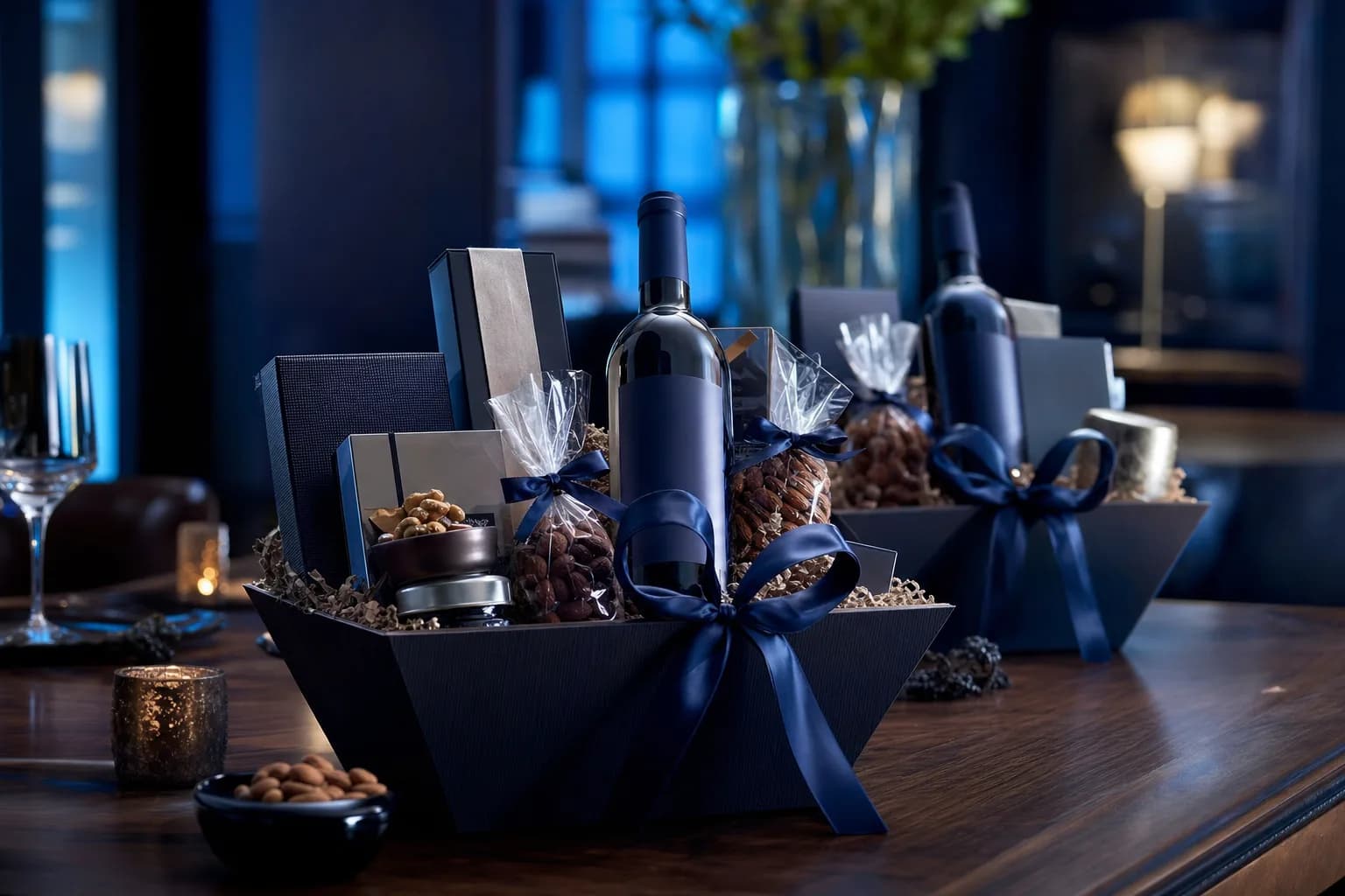 Corporate gift baskets on a wooden table