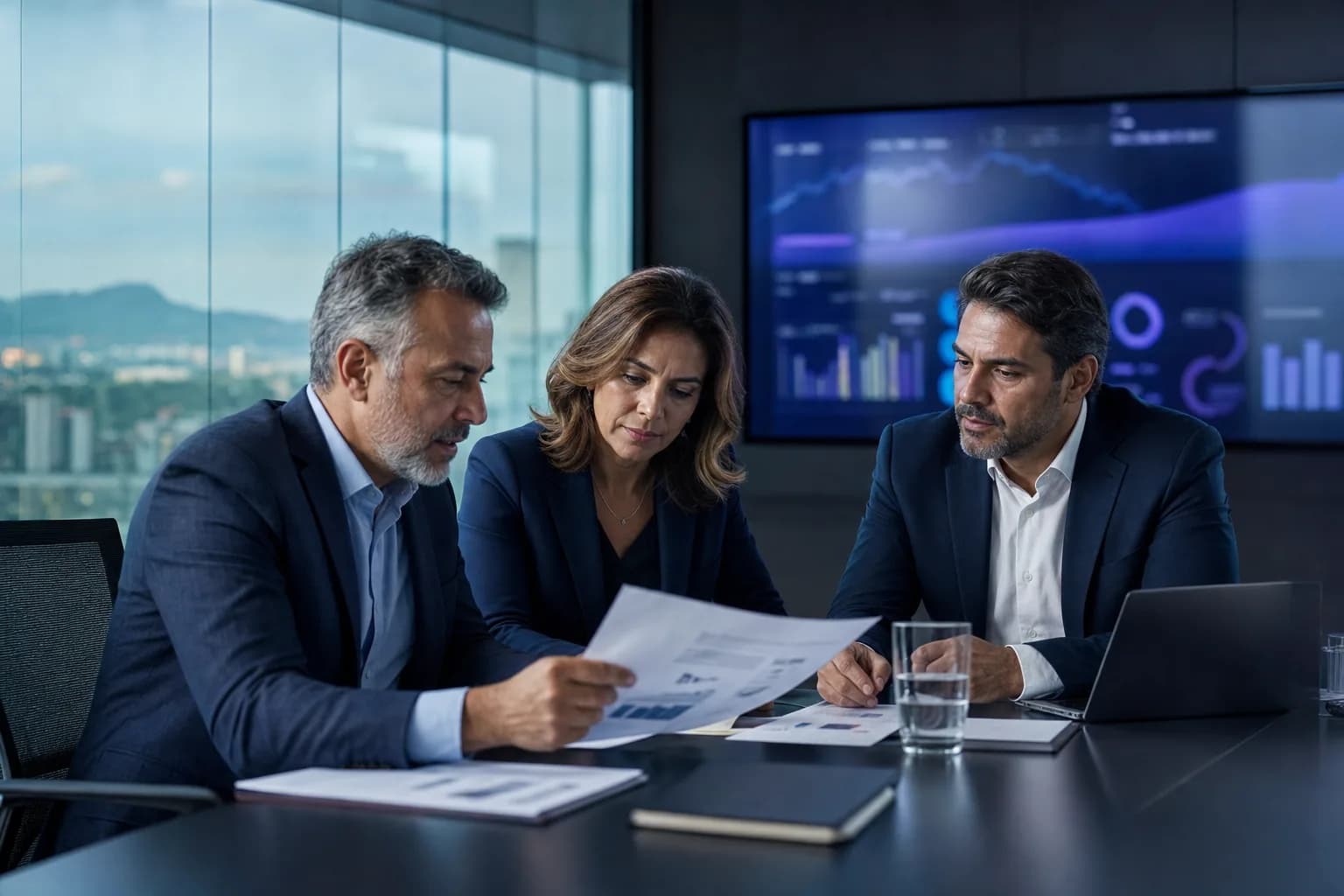 Three consultants in a glass meeting room reviewing printed strategy documents in front of a screen showing a data dashboard