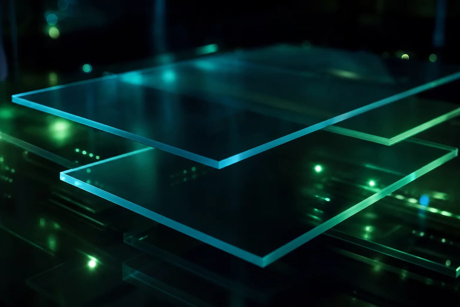 Layered translucent panels floating over a dark surface with teal light, representing cloud infrastructure
