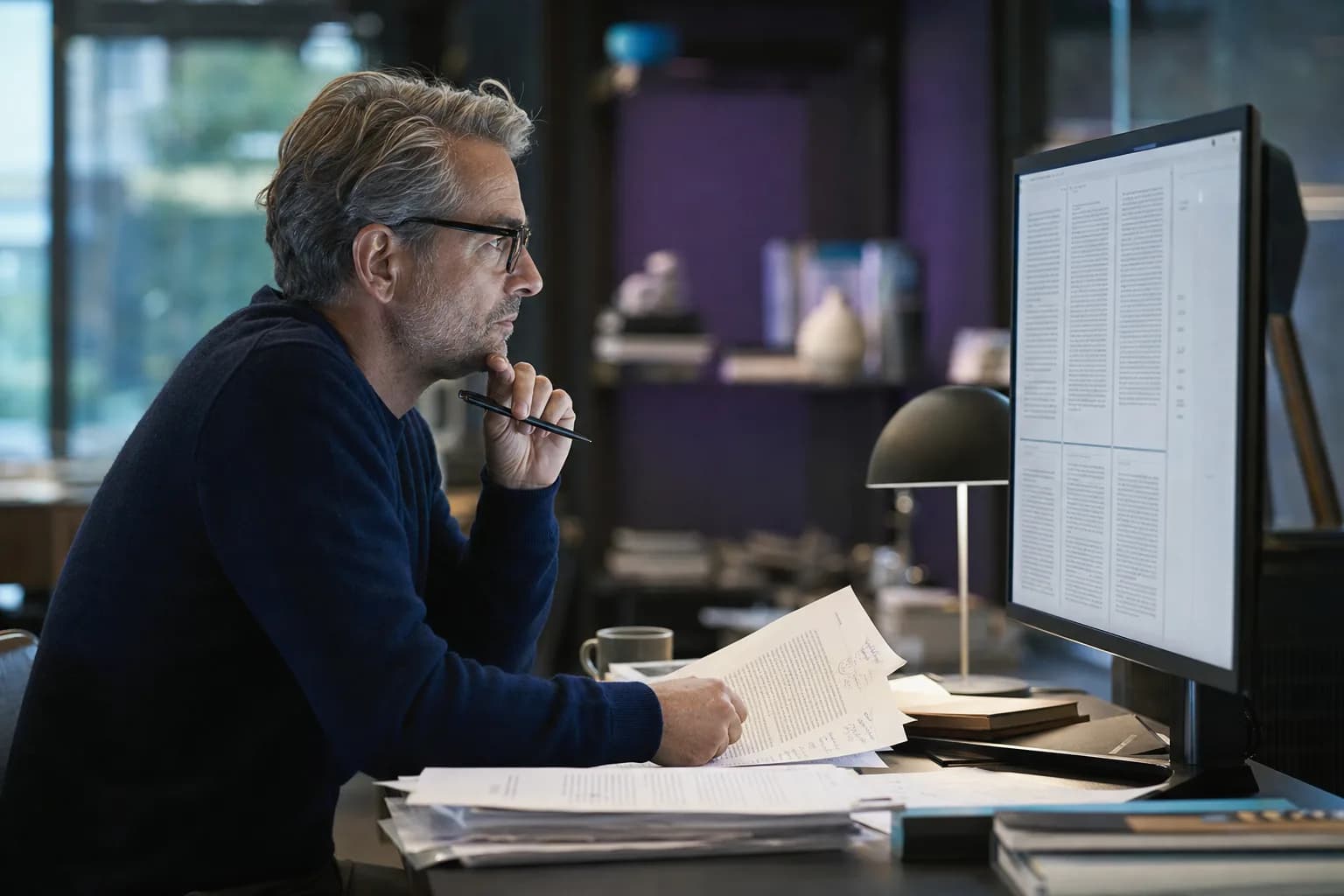 Editor reviewing a long-form article on a large monitor with printed drafts on the desk