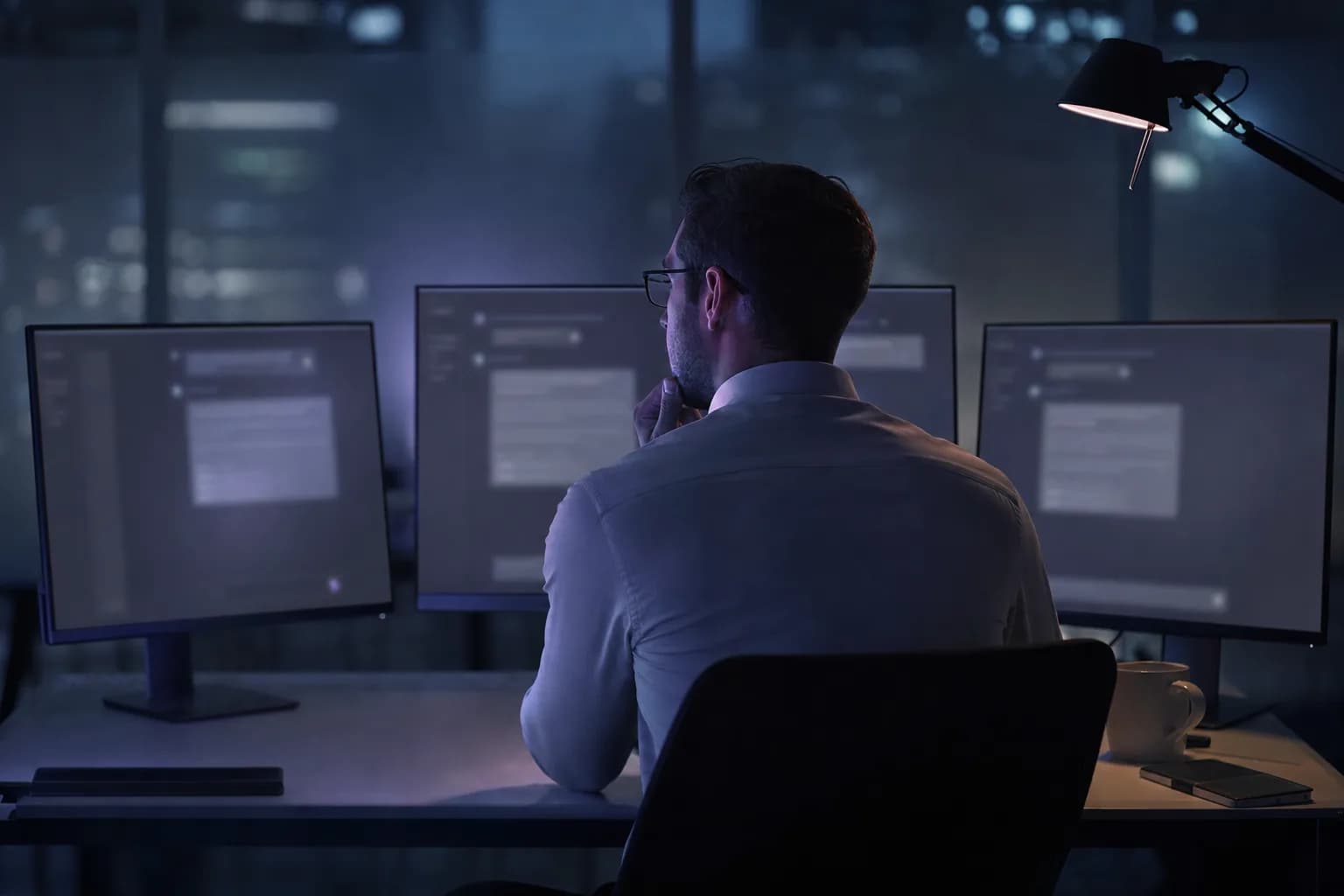 Persona frente a pantallas con interfaces de conversación con inteligencia artificial, luz violeta suave iluminando el ambiente