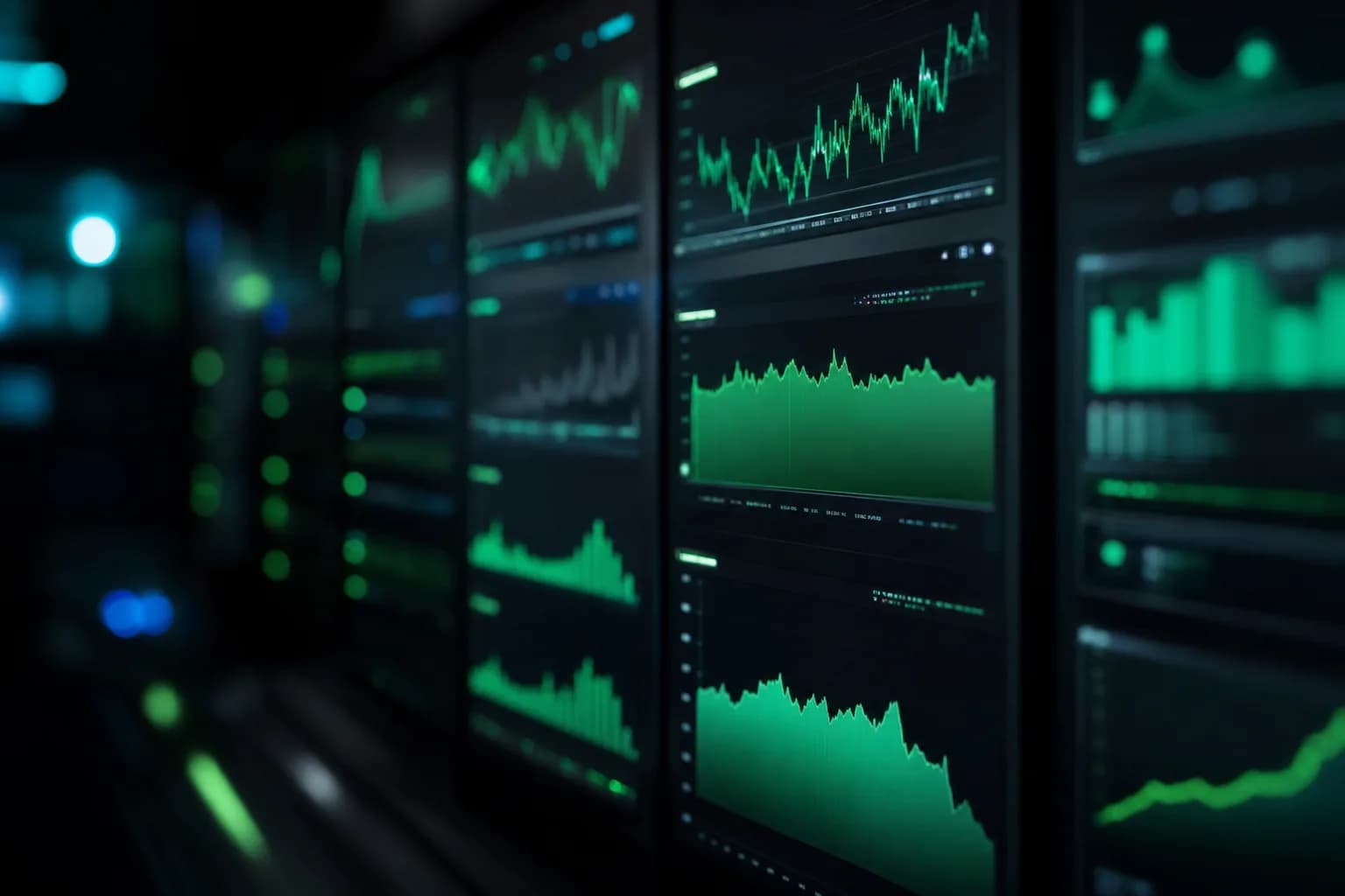 Monitoring wall with several uptime and performance graphs in green