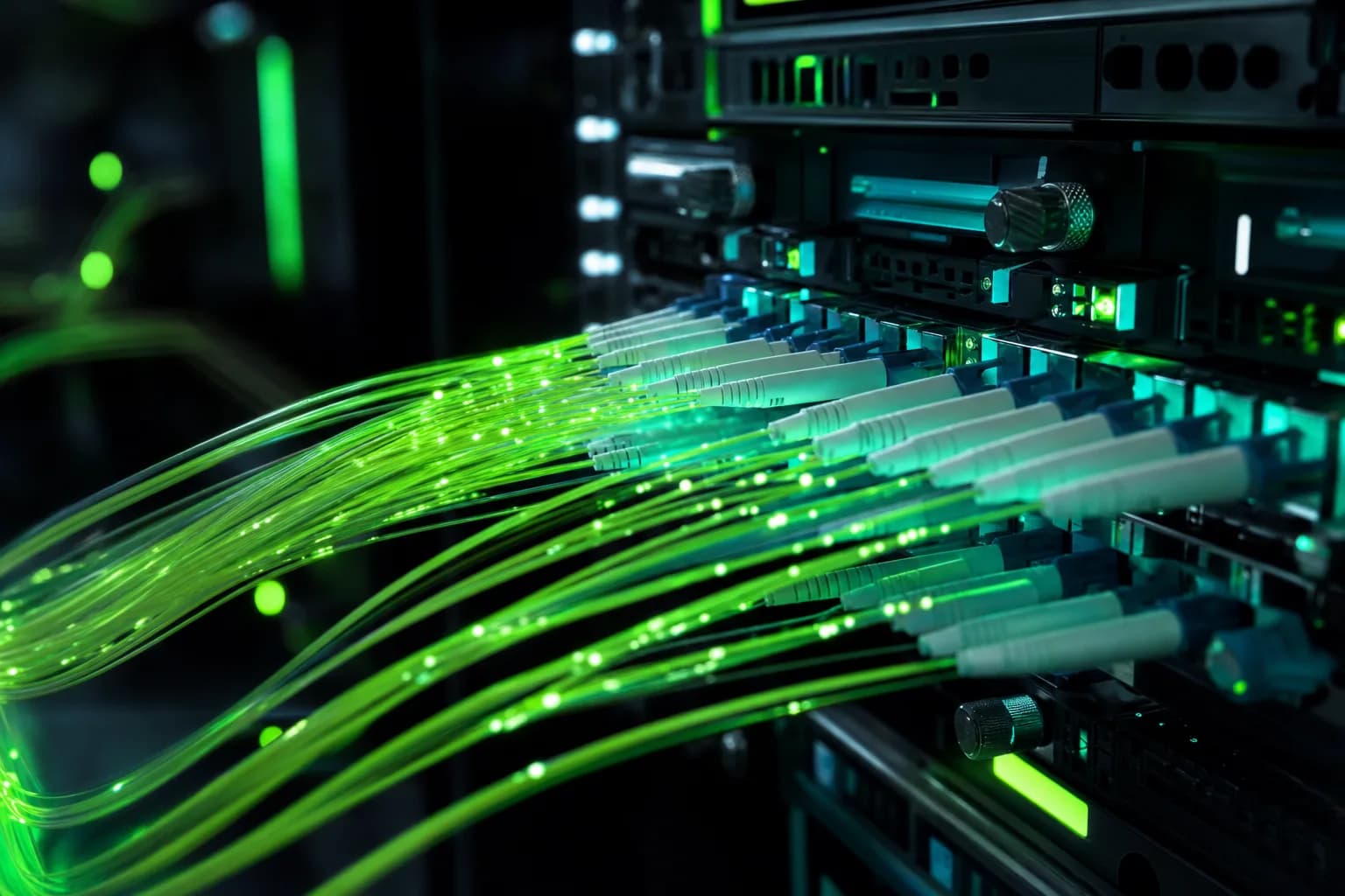 Macro shot of fiber optic cables glowing lime and teal plugged into a server rack