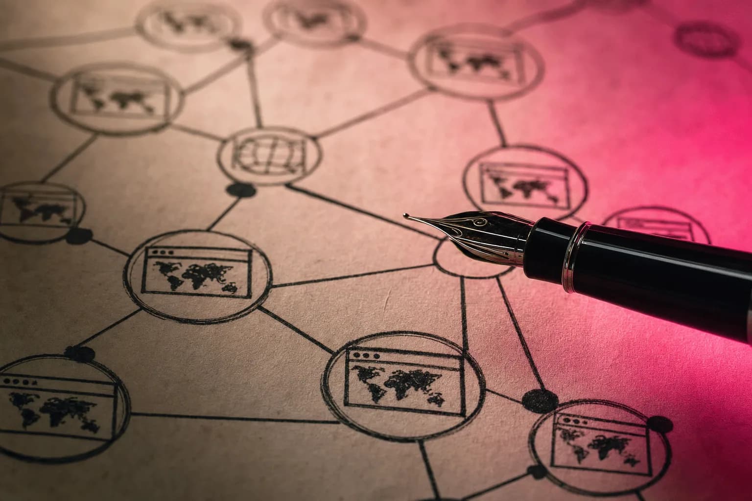 Network diagram of connected websites drawn in ink on paper with a fountain pen beside it