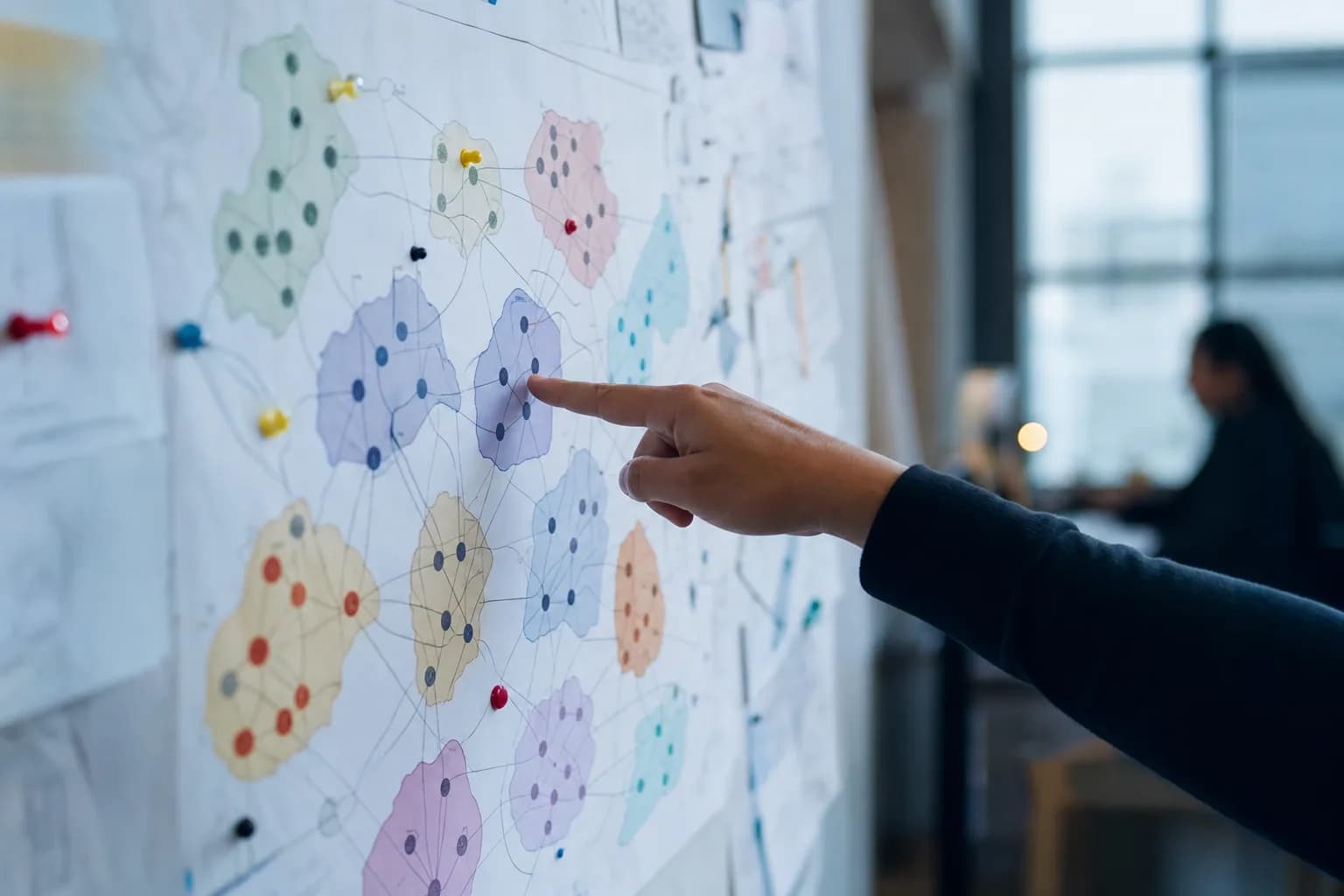 A printed topic map with connected keyword clusters pinned to a wall, a hand pointing at one node