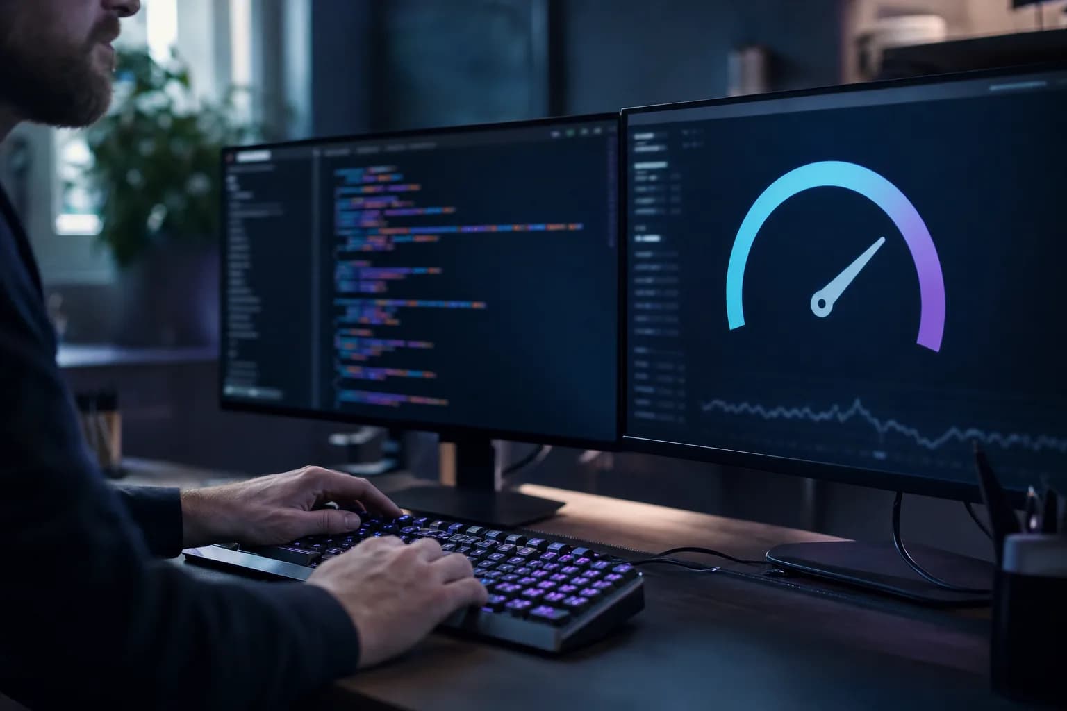 Monitores de un desarrollador mostrando código y un medidor de desempeño de página, con teclado mecánico sobre el escritorio