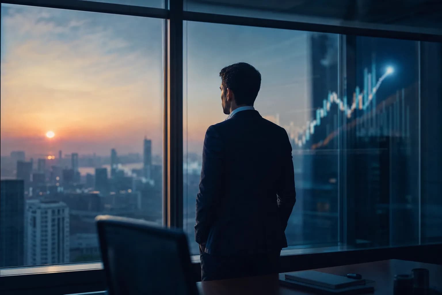 A wide office window at sunrise reflecting an upward-trending chart on the glass