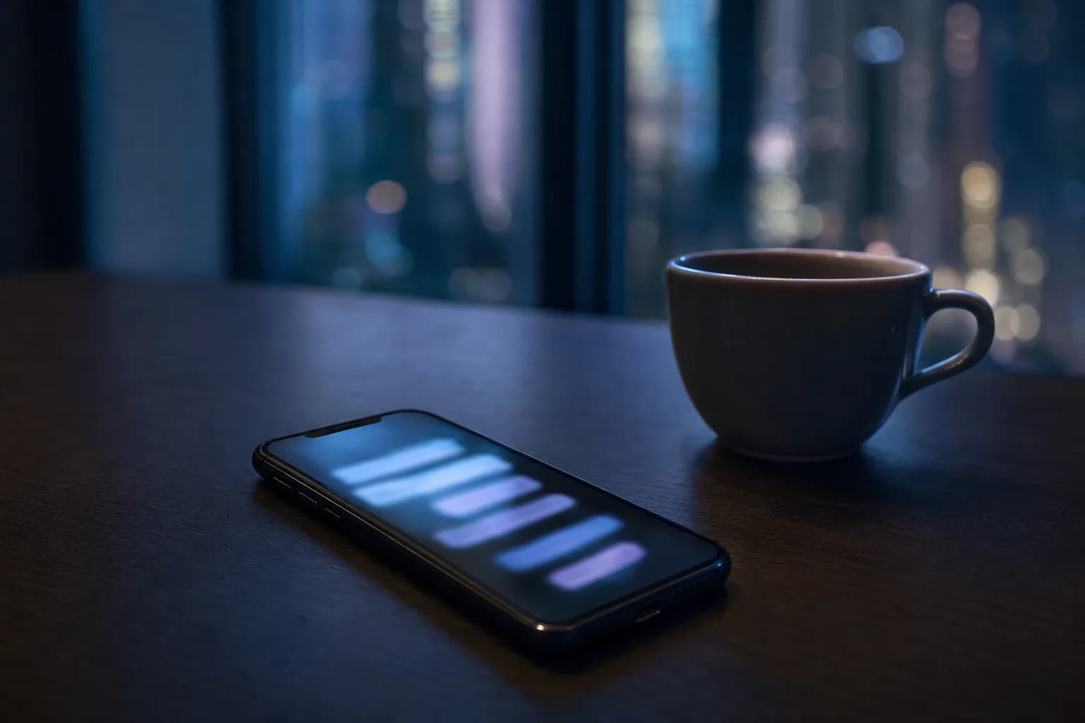 Phone on a table showing a support conversation at night