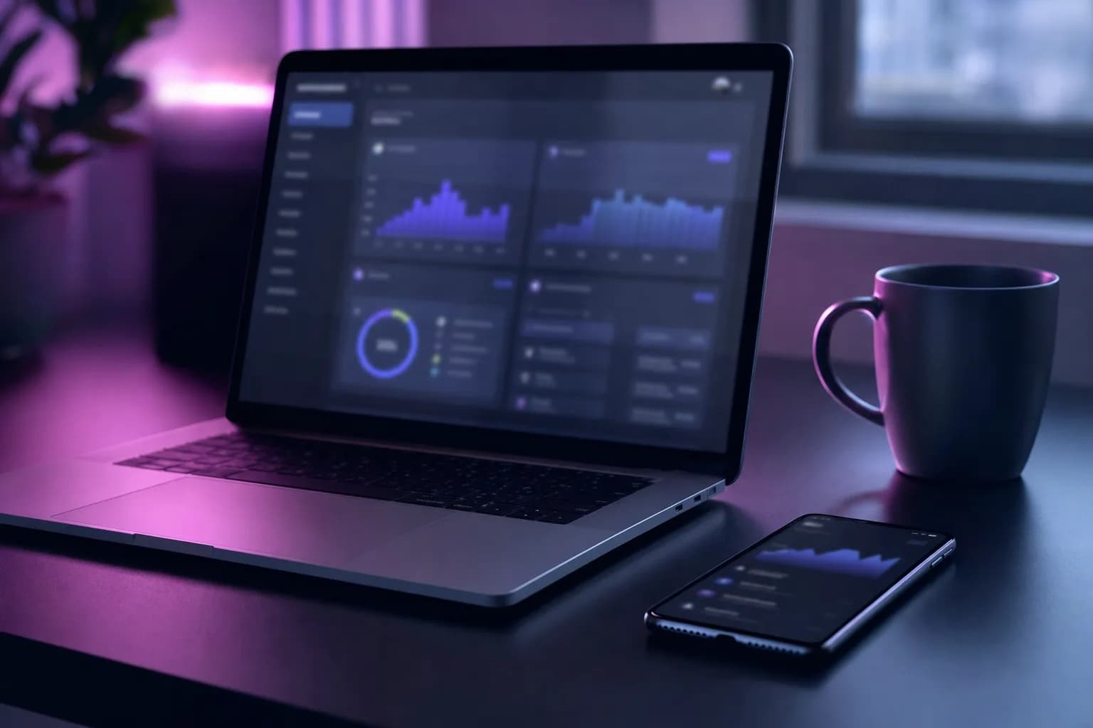 Notebook y teléfono sobre un escritorio claro mostrando un panel con indicadores de marcado, cobertura y alertas, luz violeta al fondo