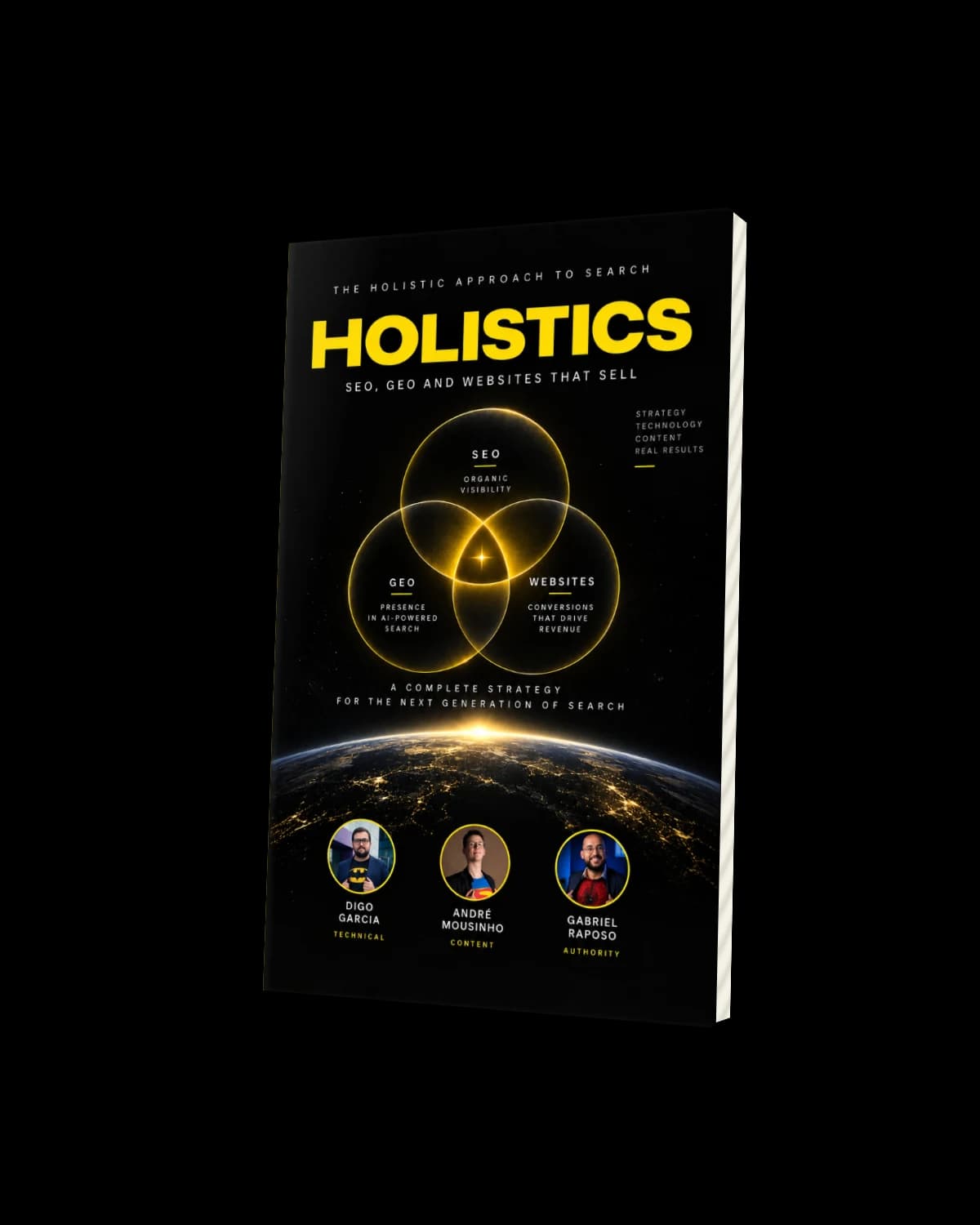 Holistics book by Digo Garcia, André Mousinho and Gabriel Raposo, black cover with a magnifying glass over a galaxy and a yellow title