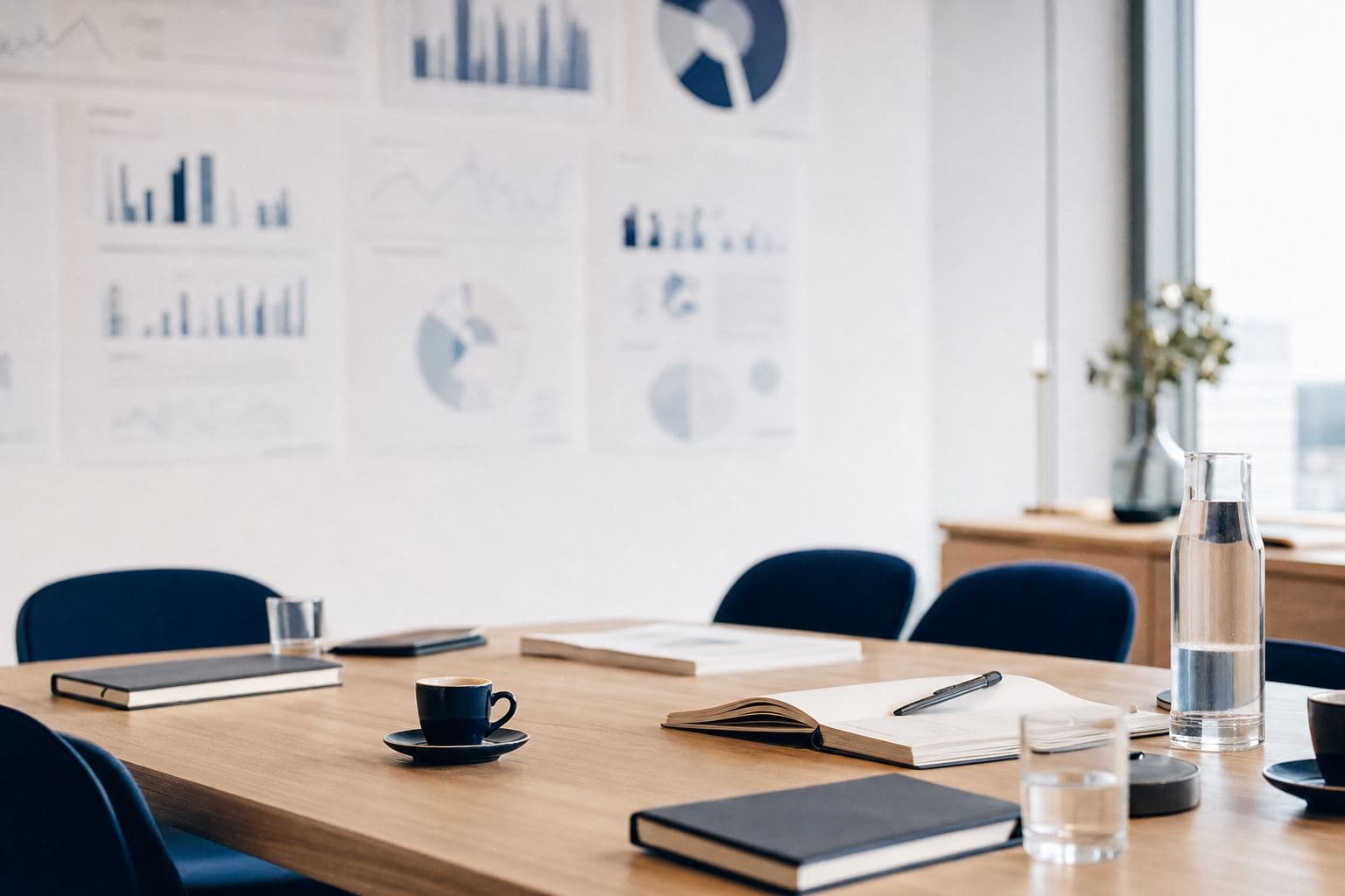 Una sala de estrategia montada para el trabajo, pizarras y mapas impresos en las paredes