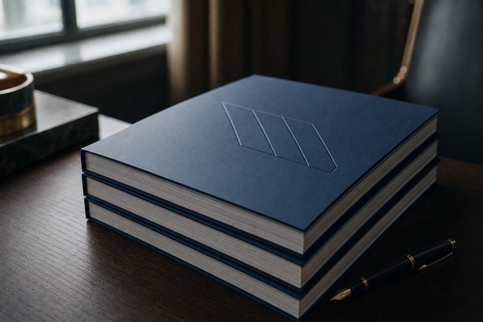 Informes ejecutivos impresos con portada azul profundo, apilados sobre una mesa