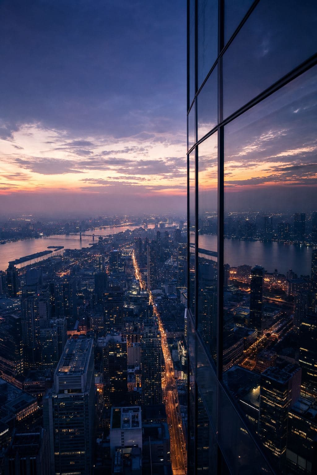 Vista elevada de una gran ciudad al amanecer, desde un piso alto