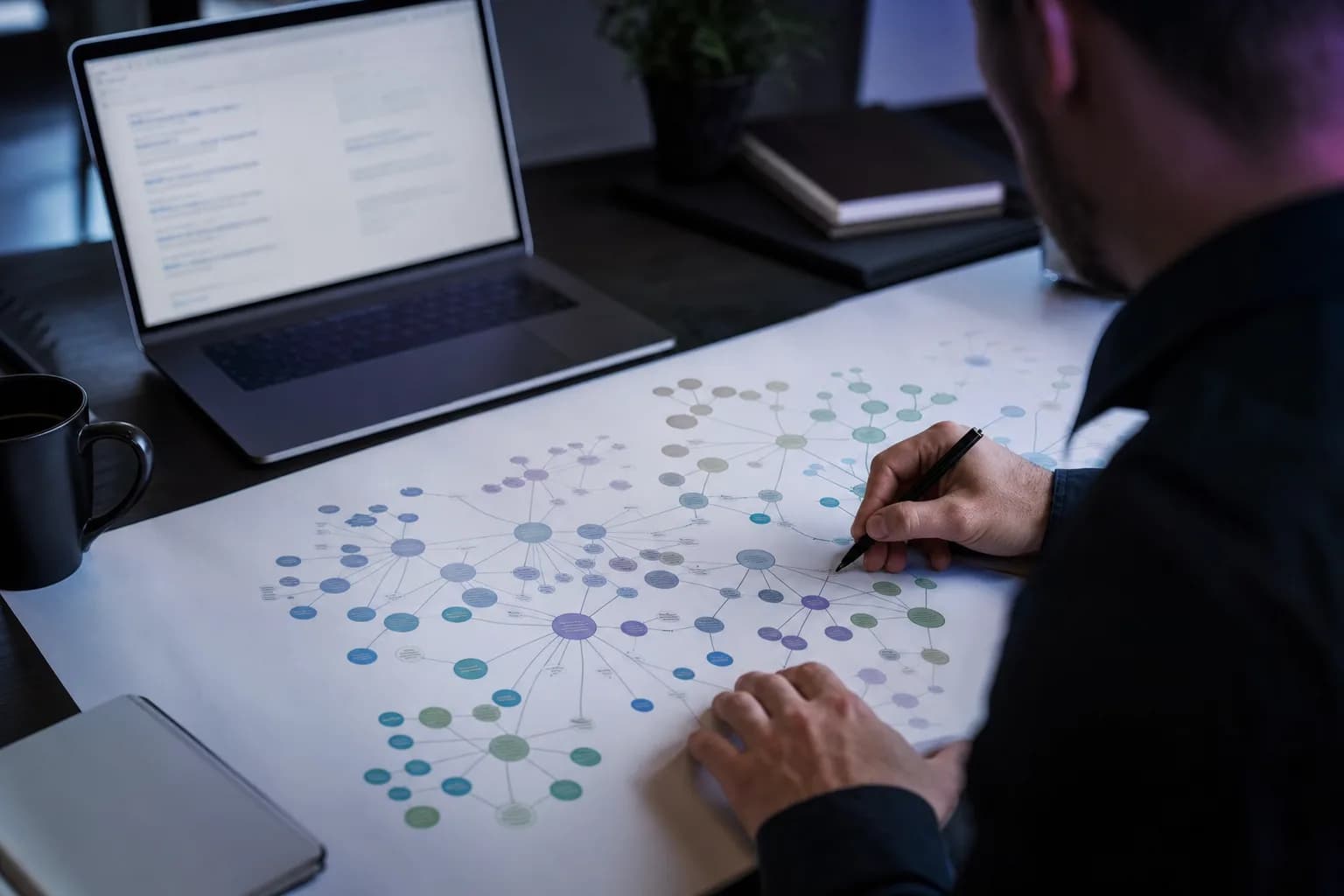 A strategist writing notes on a printed keyword map spread over a large table, an open laptop beside it