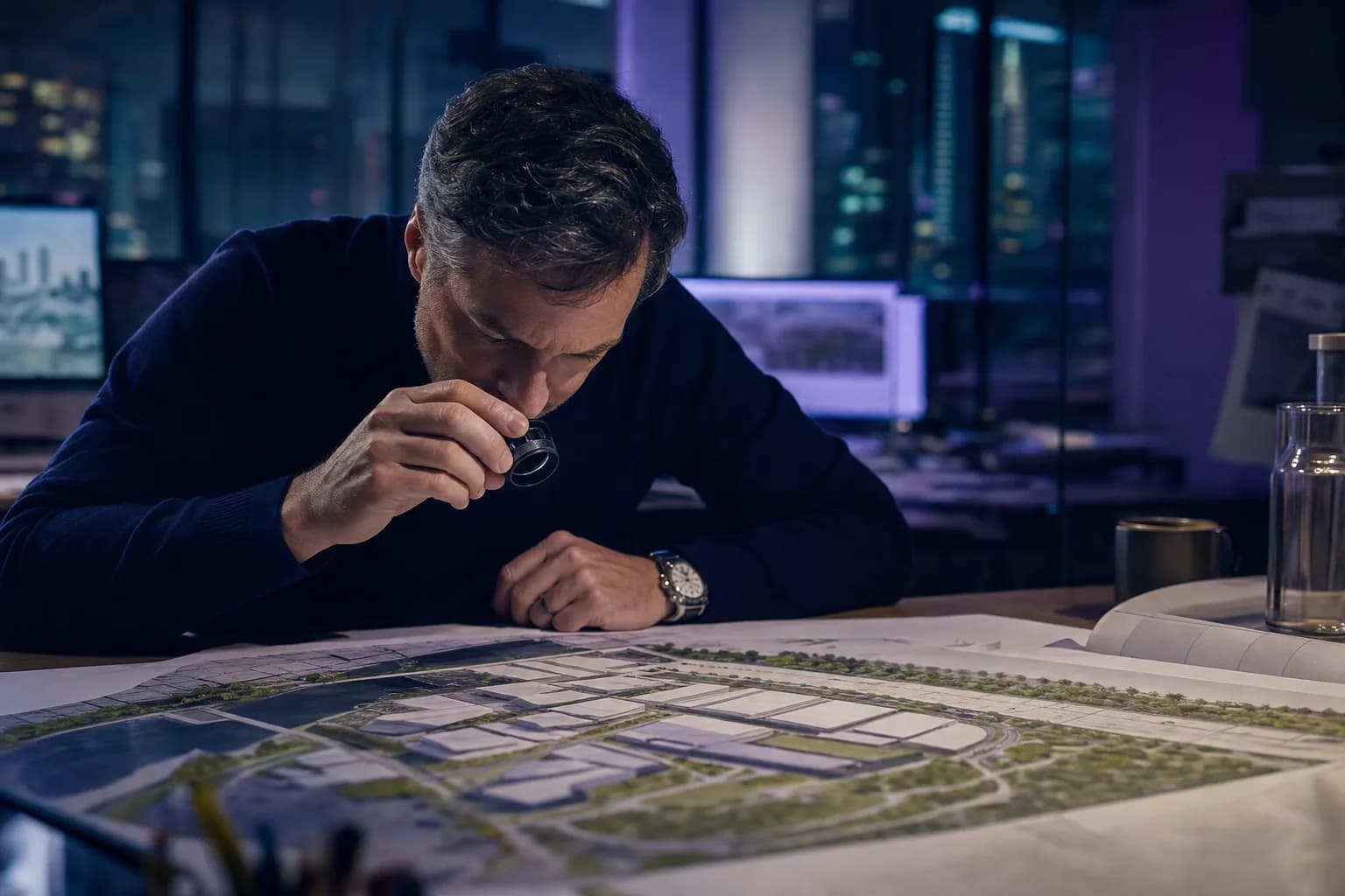 A consultant with a loupe examining a large printed site architecture diagram spread across a table