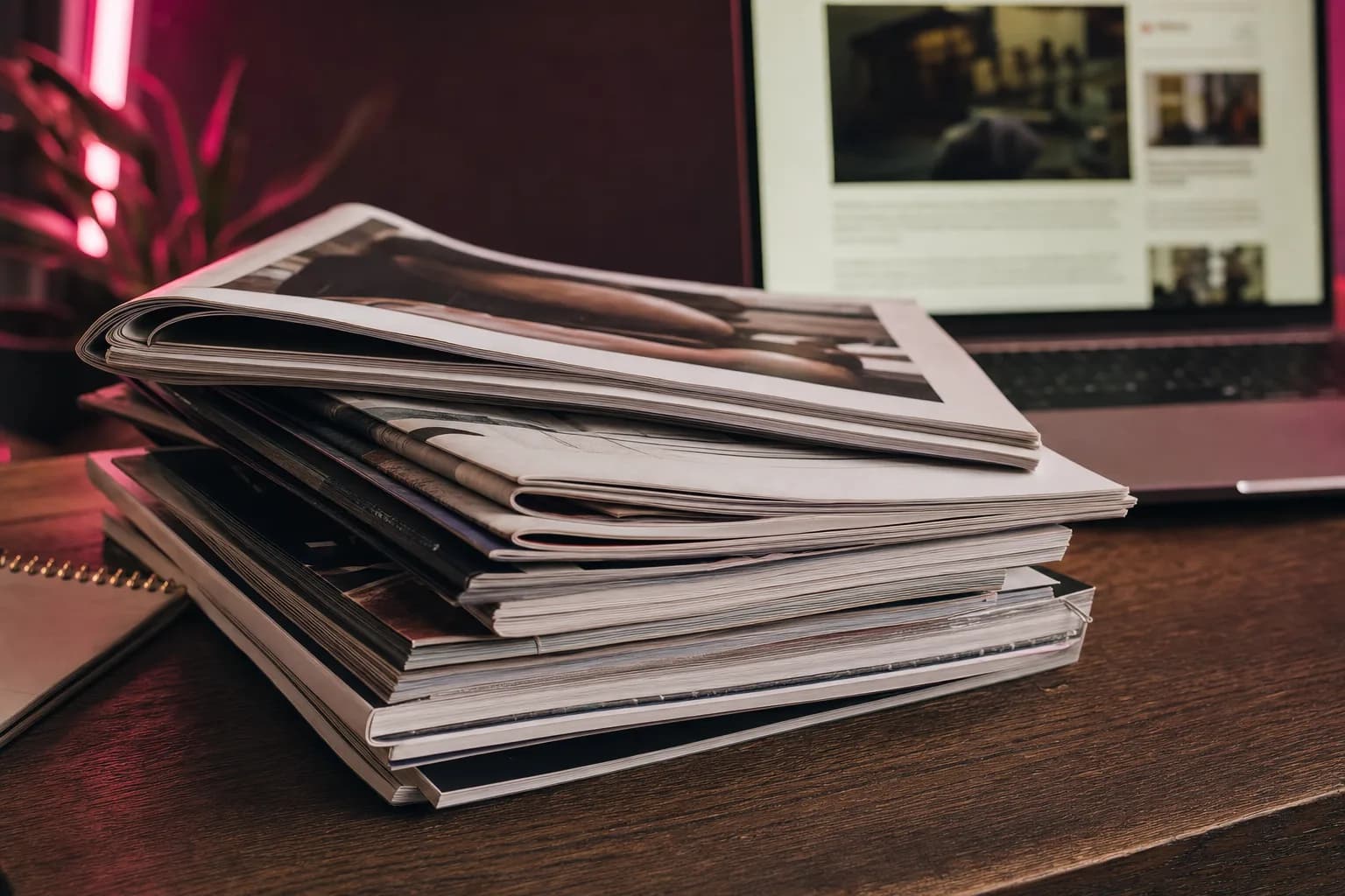 Mesa de curaduría con recortes de publicaciones organizados en filas, una lupa sobre uno de ellos y anotaciones a mano en el margen