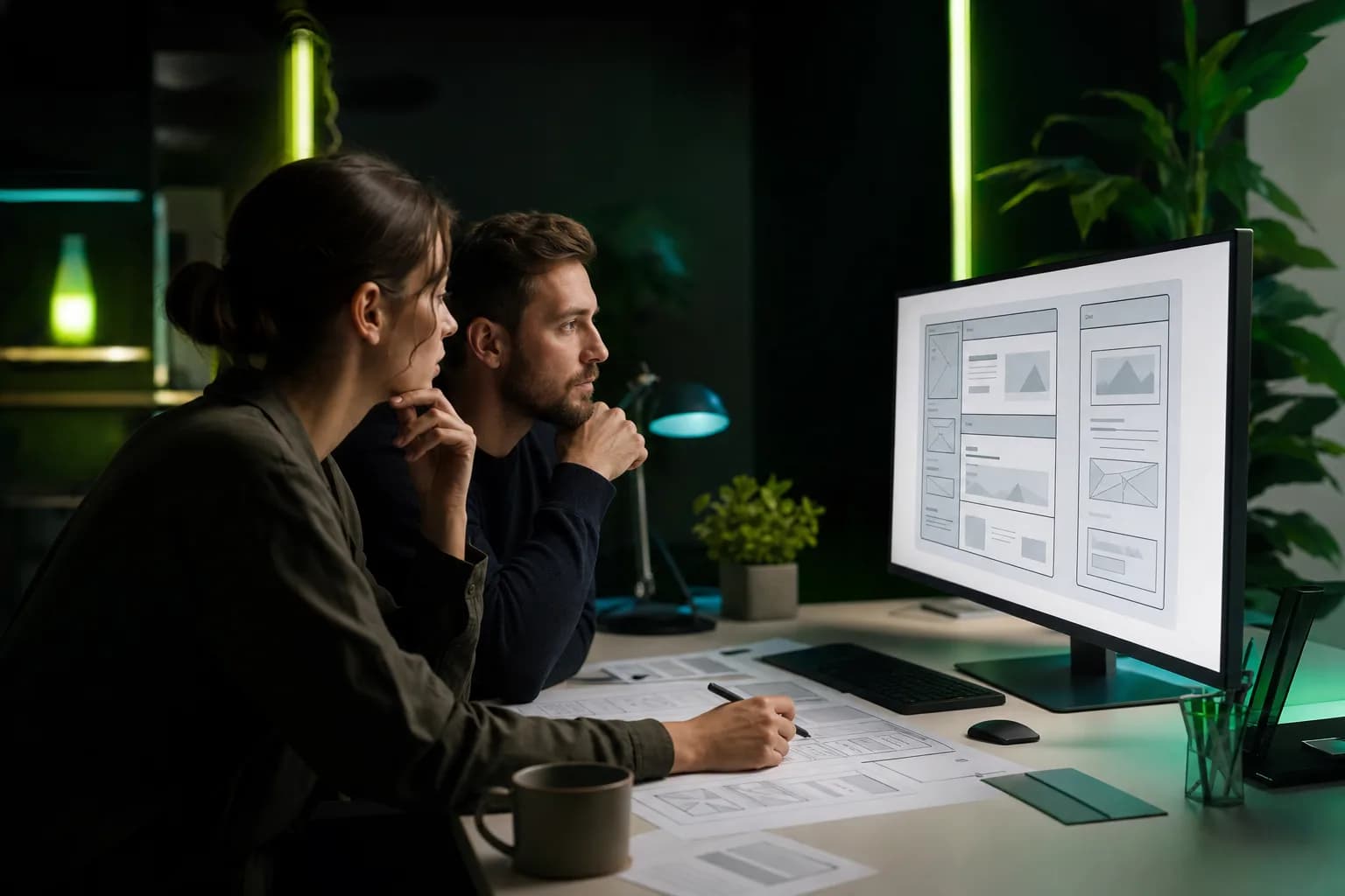 Designer and developer side by side reviewing a website layout on a large monitor, printed wireframes on the table