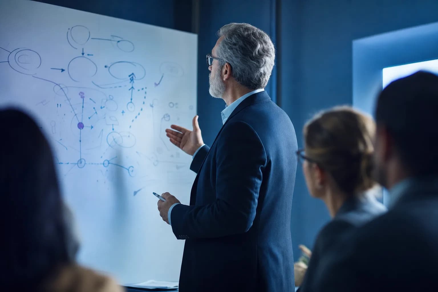 Especialista sénior explicando una estrategia de búsqueda en una pizarra cubierta de diagramas de palabras clave