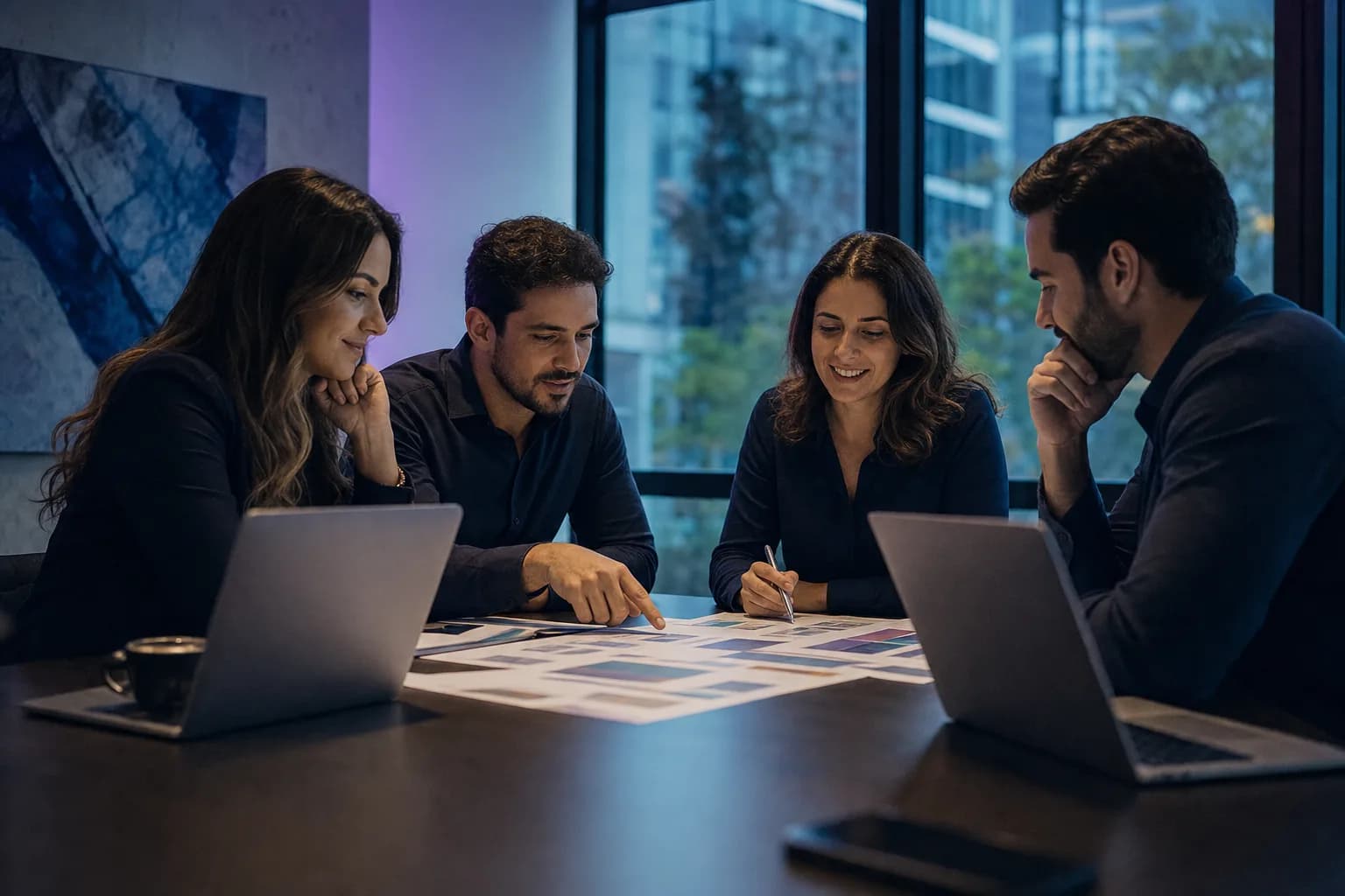 Equipo de marketing reunido alrededor de una mesa con portátiles y planes de canales impresos