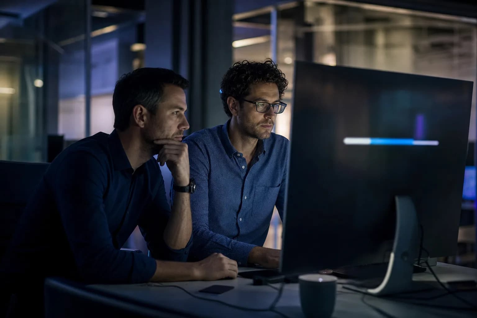 Two engineers watching a large monitor during a late-night website migration, calm concentration