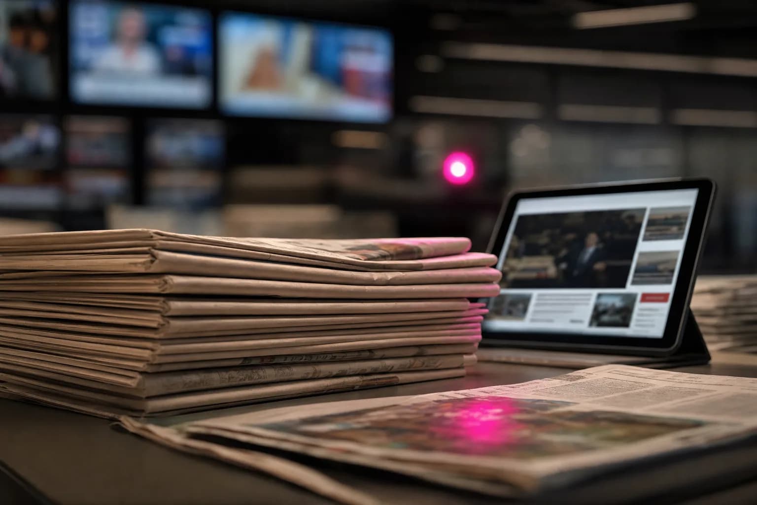 Redacción vista desde arriba, con escritorios de periodistas, monitores encendidos y una prueba de página impresa abierta sobre el mostrador