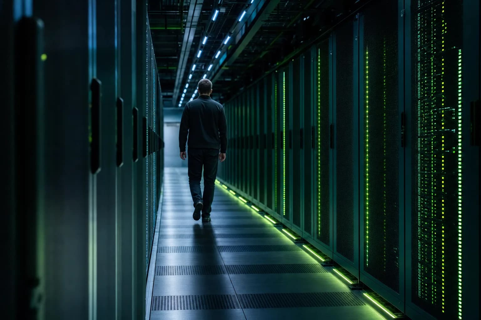 Data center corridor lined with server racks and thin lime and teal light