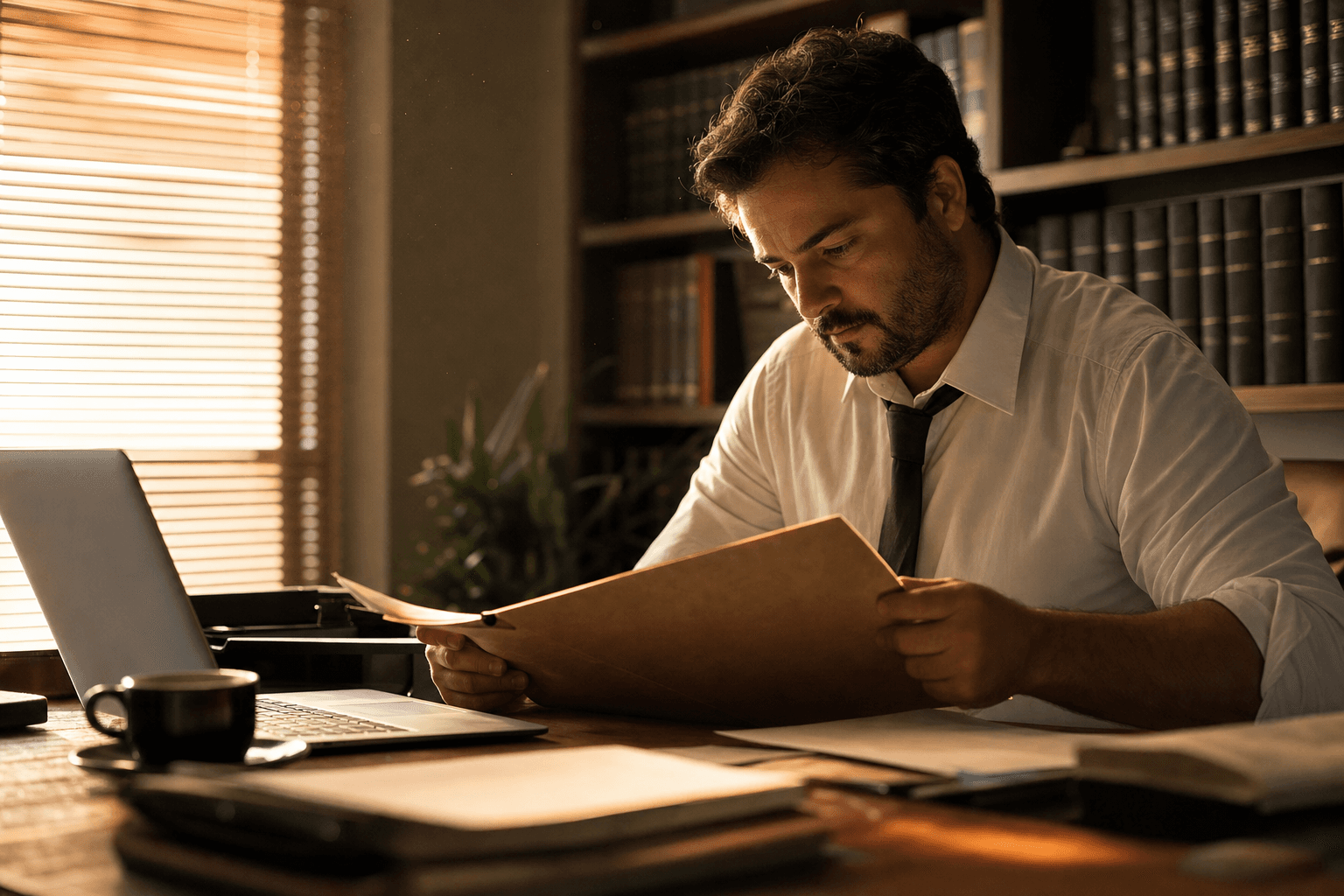 Abogado en una mesa de madera leyendo una carpeta de expediente junto a un portátil abierto, con luz de atardecer entrando por la persiana