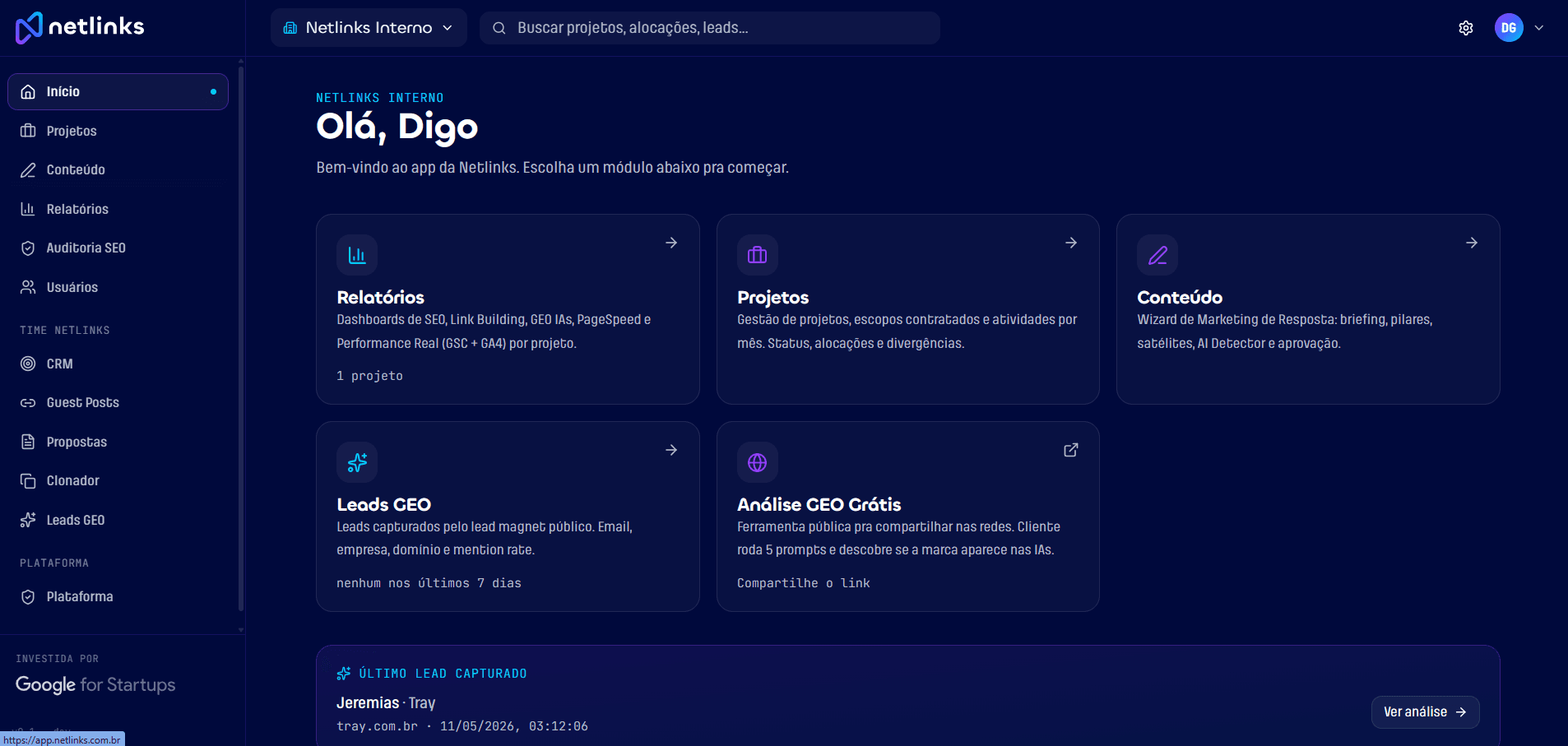 App Netlinks: dashboard con reportes, proyectos, contenido y monitoreo de IAs